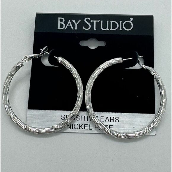 Bay Studio Silver Tone Textured Hoop Earrings 1.5 inch - Picture 1 of 5